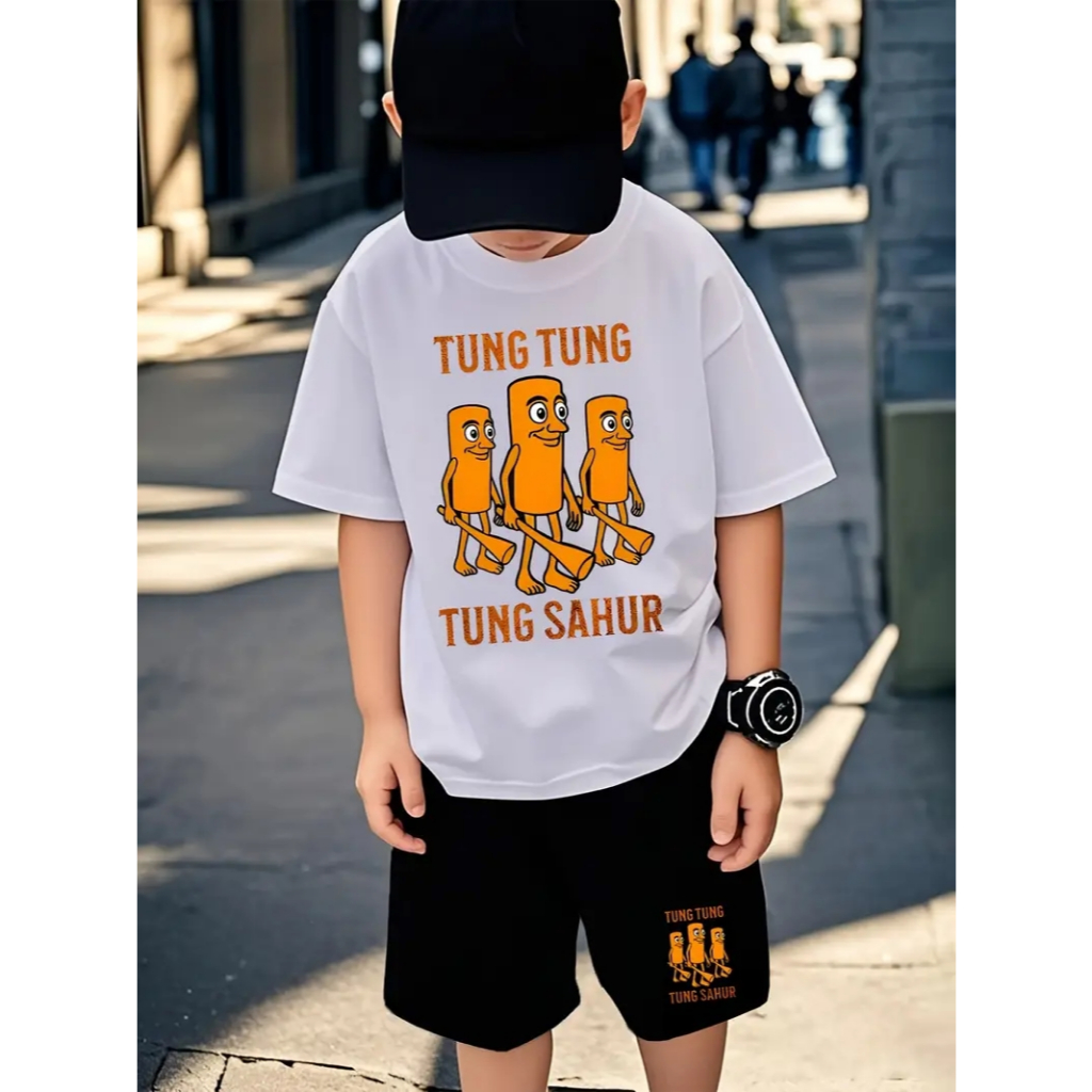 kit Short Moletom+Camiseta infantil Tung Tung Sahur  Estiloso Confortável