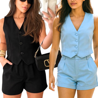 Conjunto Feminino Alfaiataria Luxo - Colete e Short Barbiecore em Oferta na Shopee