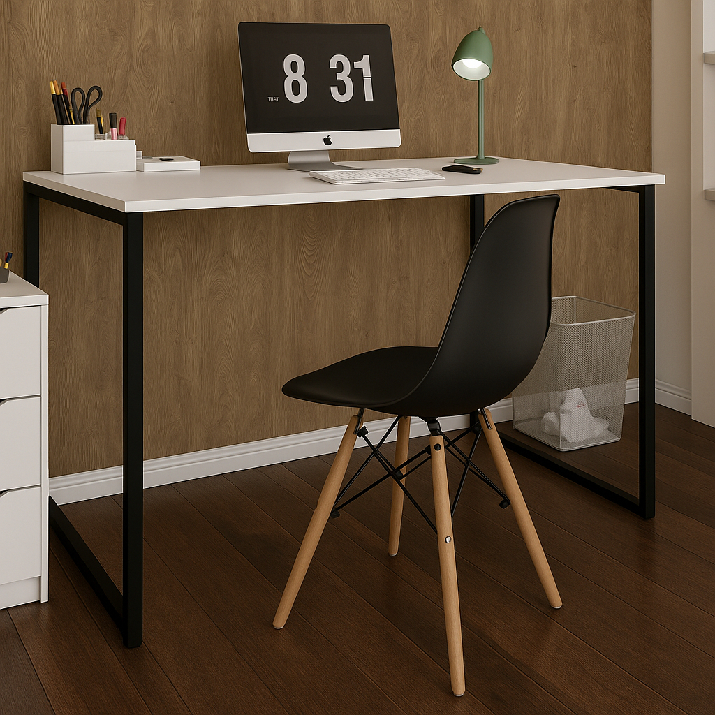 Mesa Escrivaninha Cor Branca E Cadeira Eames Branco ou Preto Para Home Office E Escritórios
