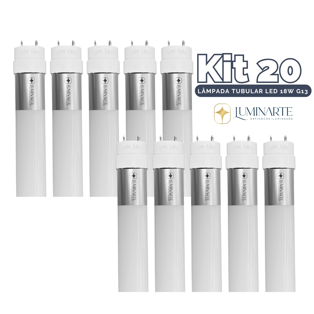 Kit 20 Lâmpadas Led Tubular T8 Bivolt 18w 120cm G13 Vidro 6500k Branco Frio(LUZ BRANCA) - Luminarte em Oferta na Shopee