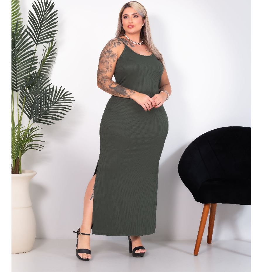 Vestido Alça Modelo Curvy Moda Plus Size Alcinha Fenda Lateral Canelado EXG Curve Longo Elastano Festa Social Gestante