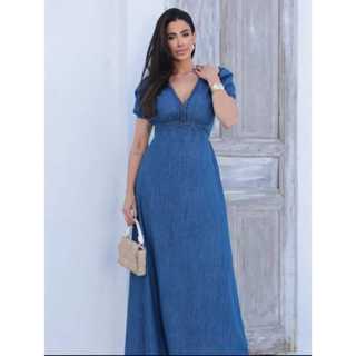 Vestido Jeans feminina longo acinturado com Manguinha e detalhe na frente em Oferta na Shopee