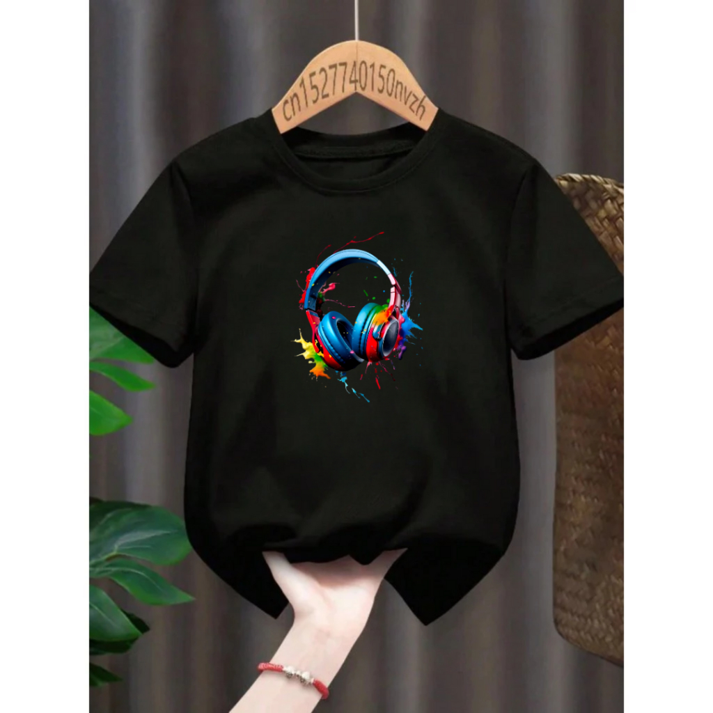Camisa camiseta Infantil/Juvenil Unissex com estampa de fone de ouvido colorido estiloso 100% ALGODAO