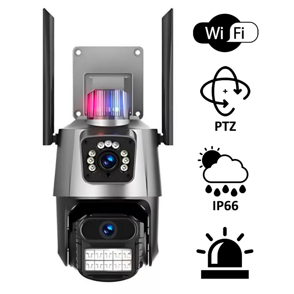 Câmera Wi-Fi Speed Dome com Alarme, Sirene Policial, Lente Dupla 3.6mm, Rotação e Visão Noturna.