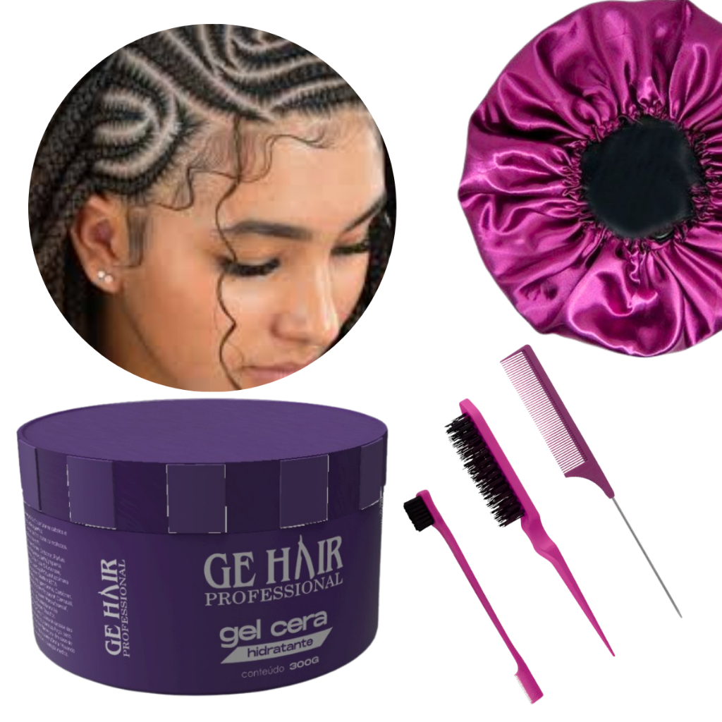 KIT ESCOVINHA BABY HAIR + TOUCA DE CETIM + GEL MODELADOR