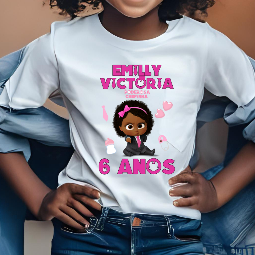 Camiseta Infantil Aniversário Poderosa Chefinha negra personalizada com NOME e IDADE - Festa Temática ZLprint