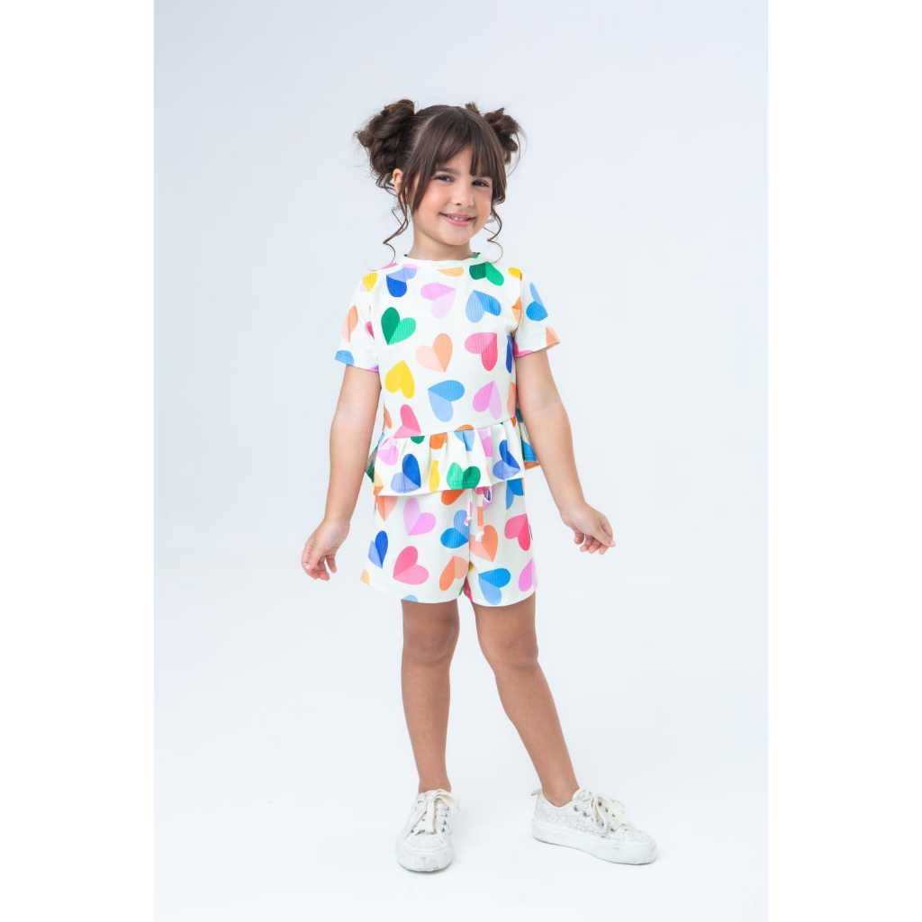 Conjunto infantil menina estampado coração roupa criança  bebê 1 ao 4 tecido canelado