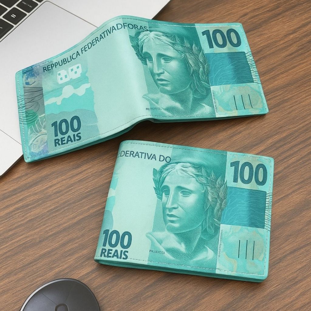 Carteira Masculina Estampada Notas Estrangeiras – Dólar, Euro e Real Compacta e Elegante em Oferta na Shopee