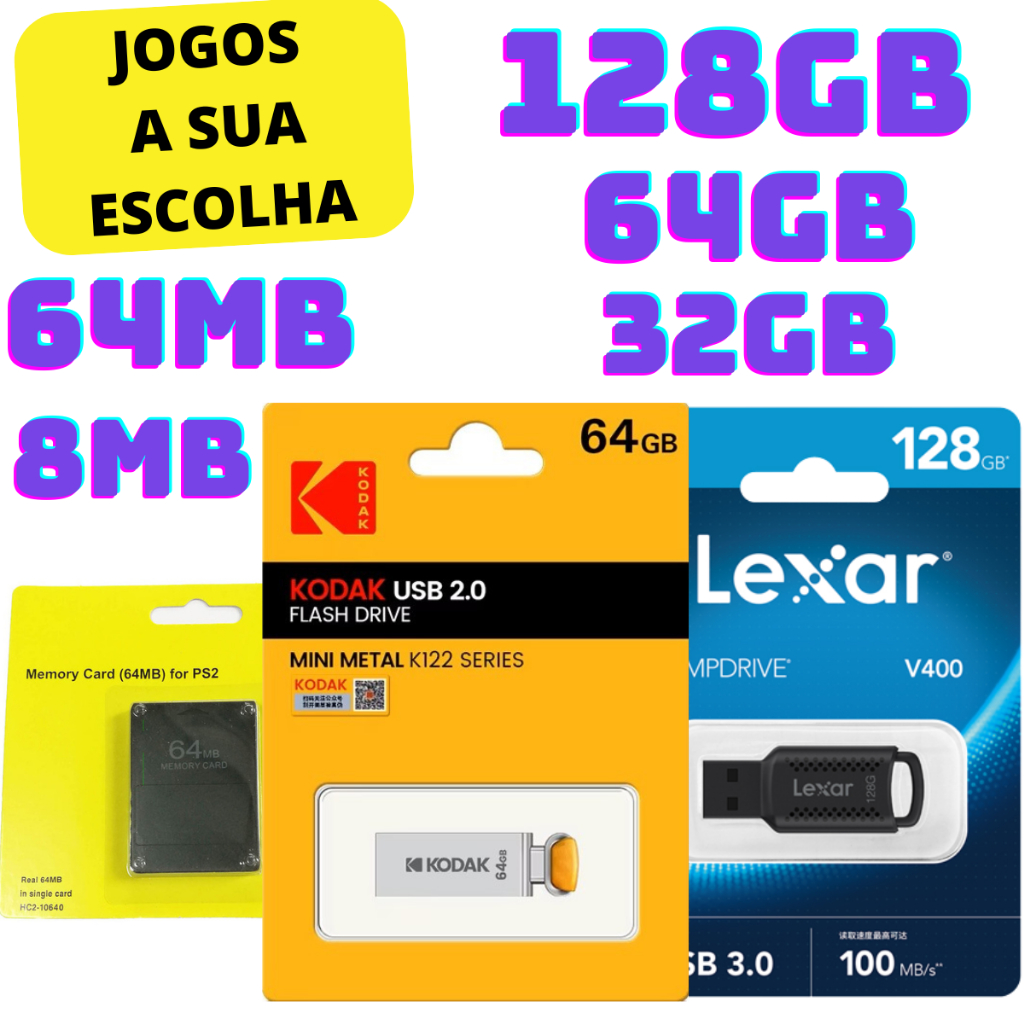 Kit Pendrive Lexar 128GB 64GB 32GB + Memory Card 8mb 64MB Para Ps2 OPL