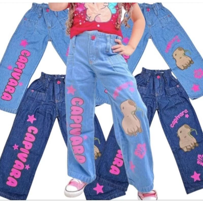 calça jeans pantalona capivara infantil wide leg menina de elástico total no cós no tamanho 4 6 8 10 12 14 16