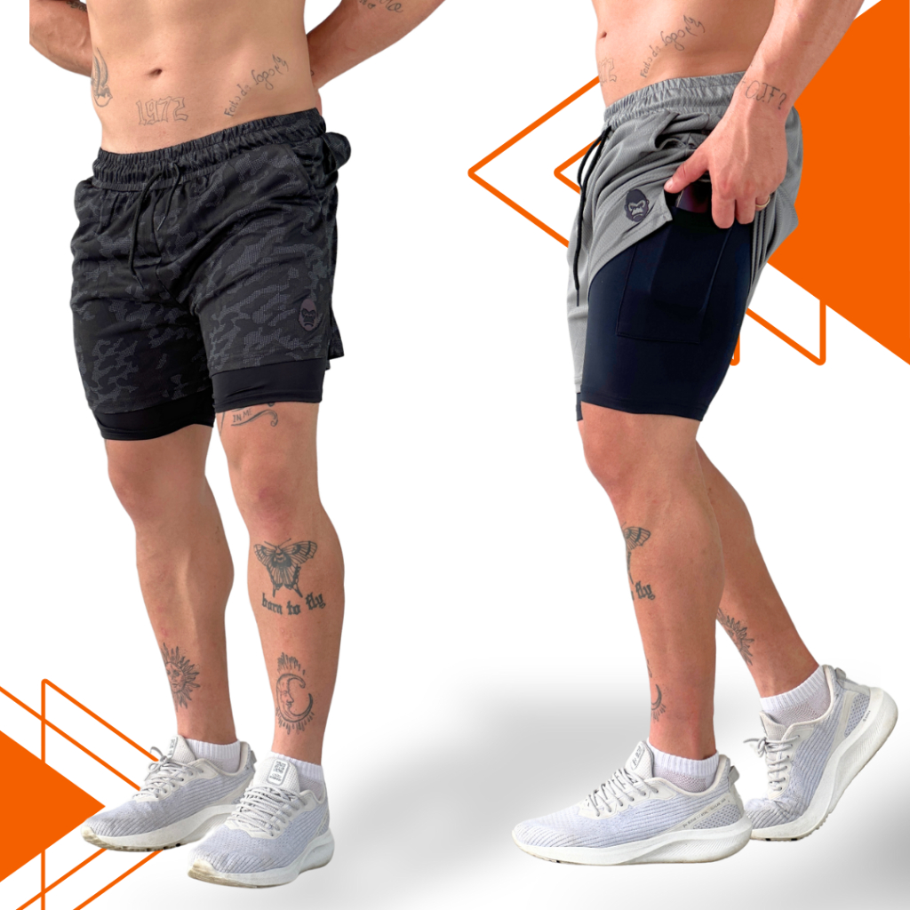 Kit 2 Bermudas Kong 2 em 1 Sports Para Academia Masculina