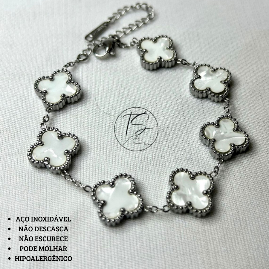Pulseira Feminina Trevo 4 Folhas Luxo – Aço Inoxidável com Madrepérola ou Pedra Onyx, Ajustável em Oferta na Shopee