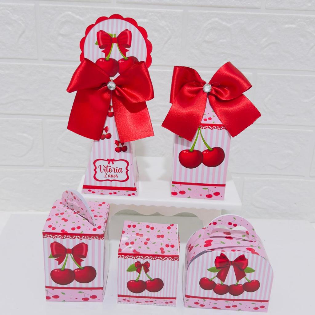 Kit Festa Cerejinha - Caixinhas Personalizadas para Festa Infantil | Lembrancinha Aniversário Pegue e Monte