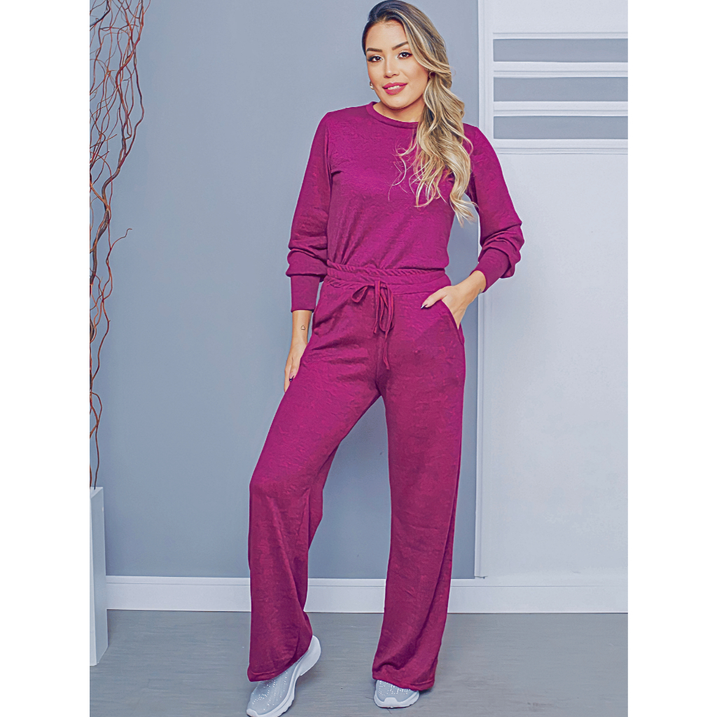 CONJUNTO FEMININO OUTONO/INVERNO CALÇA PANTALONA, CINTURA ALTA COM BOLSOS E BLUSA LANZINHA.