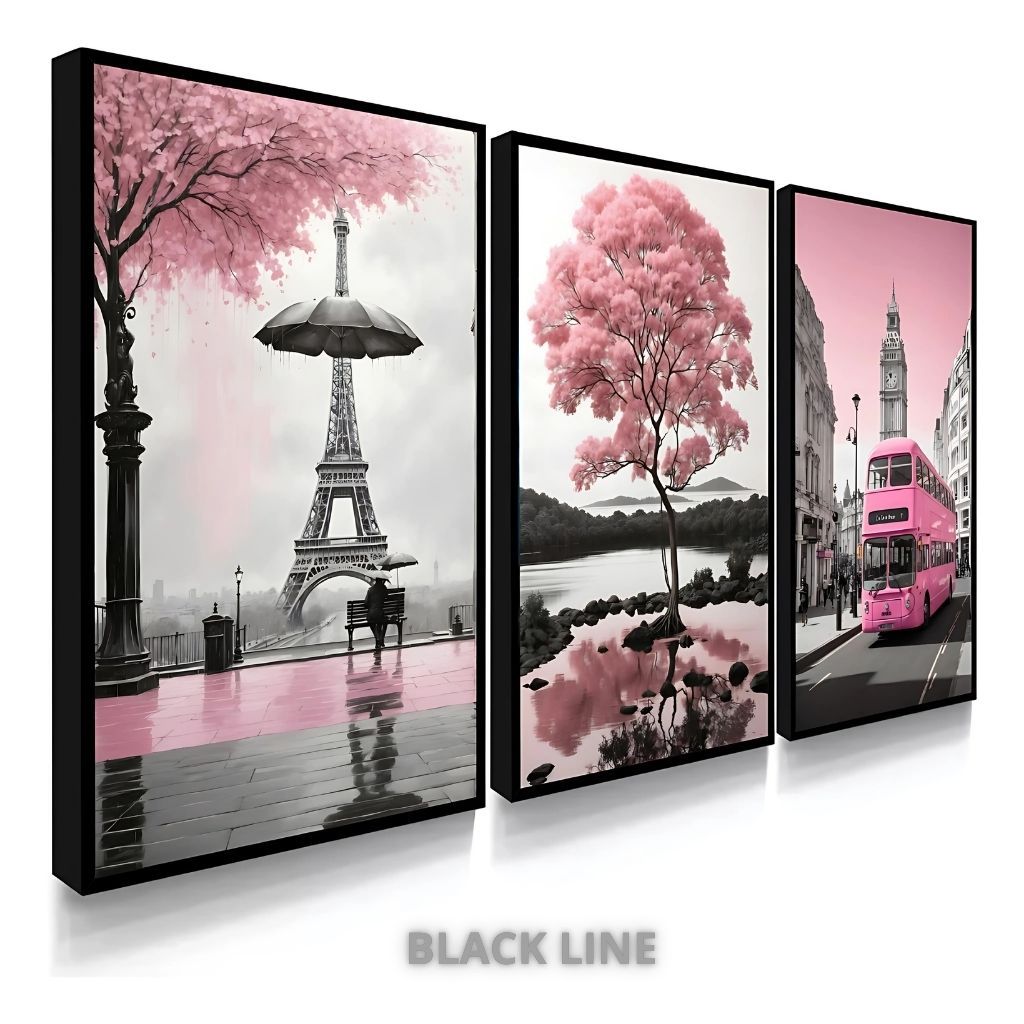 Quadro Decorativo Londres Árvore Da Vida Rosa Paris Torre Eiffel