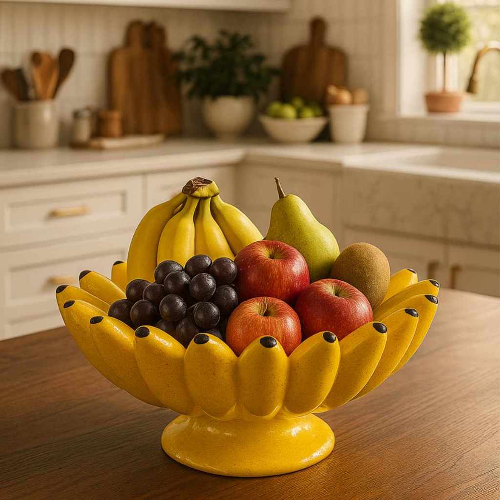 Fruteira de Cerâmica Formato Banana Pintada á Mão - Centro de Mesa Decorativo 12x23cm