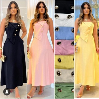 Vestido feminino com detalhe na frente / Com botões /  Lastex atrás / De alcinha / Tendência em Oferta na Shopee