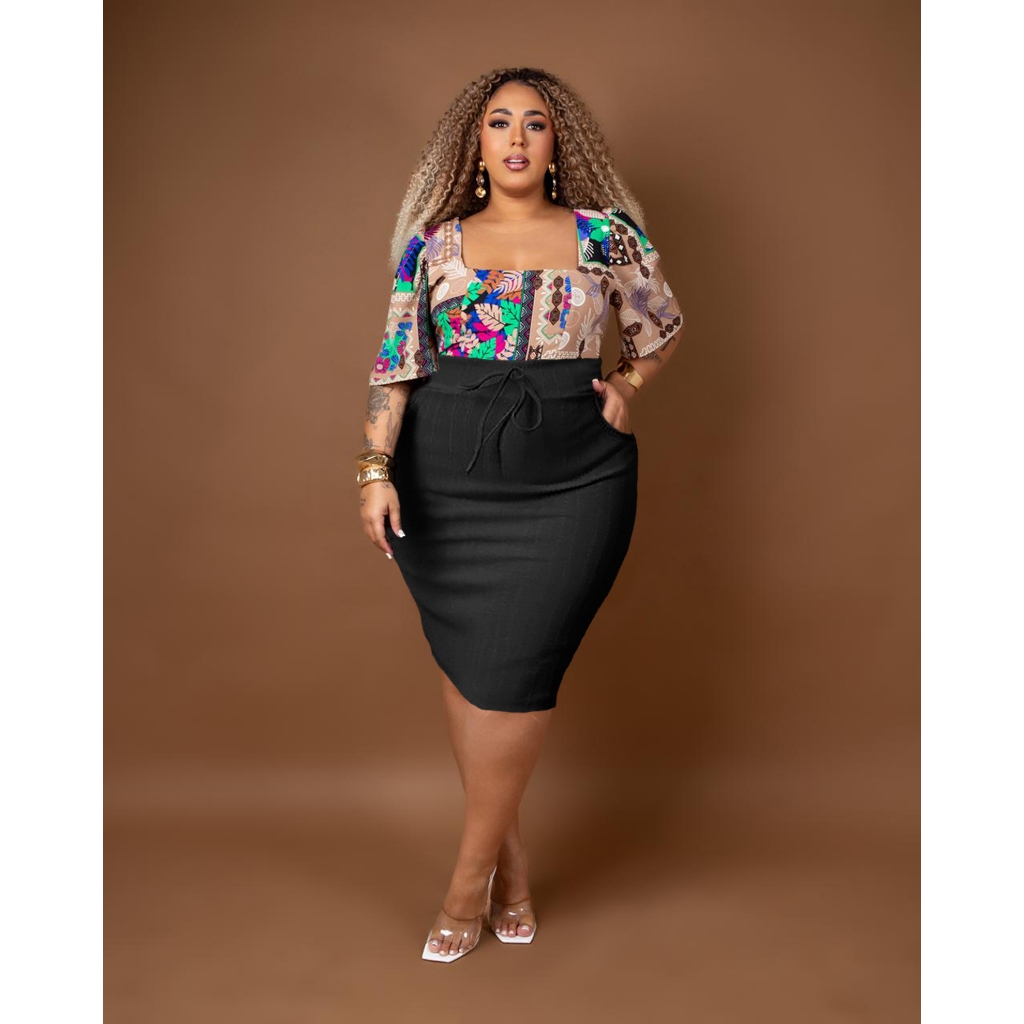 Saia Casual Linda e Elegante de Bolsos midi Moda Plus. em Oferta na Shopee