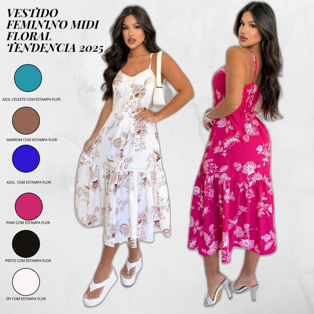 Vestido Mídi Floral Alça Fina Verão Casual Elegante 2026 em Oferta na Shopee