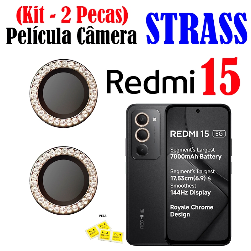 Kit (2 Pecas) Película Câmera Strass Redmi 15(5G/4G) Protetor Da Lente Diamonte Colorido Brilhante