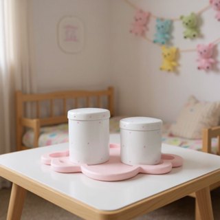 Kit higiene porcelana com bandeja nuvem rosa poá em Oferta na Shopee