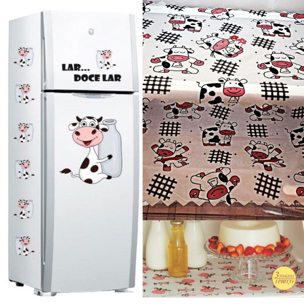 Kit 3 Toalhas para Geladeira Vaquinha + Cartela de Adesivos para Geladeira Vaquinha e Leite em Oferta na Shopee