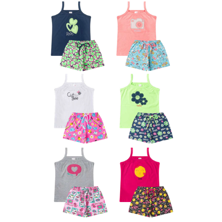 Conjunto Feminino de Cotton Blusa Alça Bordado com Short Estampado 1 a 8 Anos (Unid. ou Kit com 5) Estampas Sortidas 150