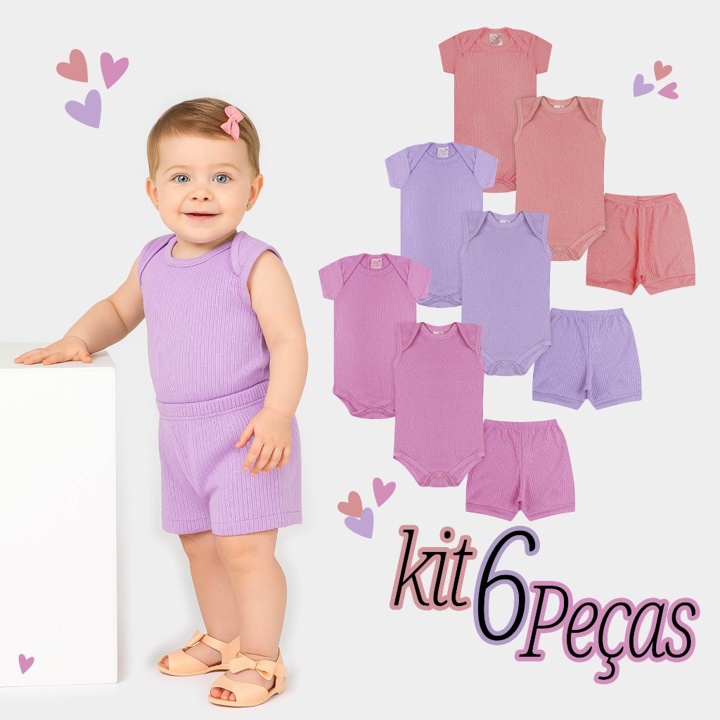 Kit 6 Peças Body Bebê Menina 1 Body Manga Curta+ 1 Regata+ 1 Short Roupa Bebe Infantil Canelado Verão