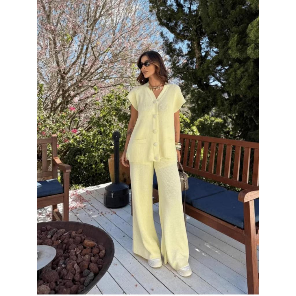 Conjunto Feminino Tricot Calça Pantalona e Max Colete Blusa Regata com Botões Kimono Tendência em Oferta na Shopee