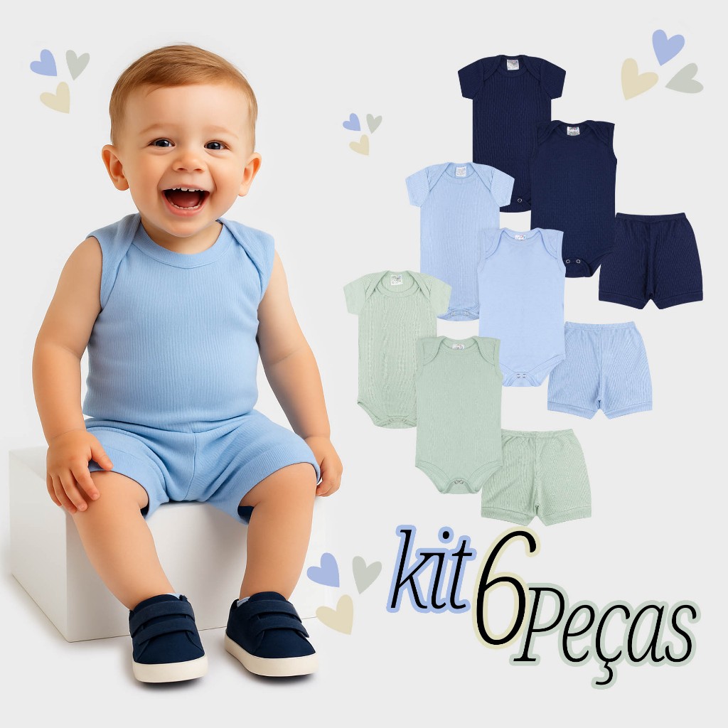 Kit 6 Peças Body Bebê Manga Curta Regata Short Menino Roupa Infantil Bebe