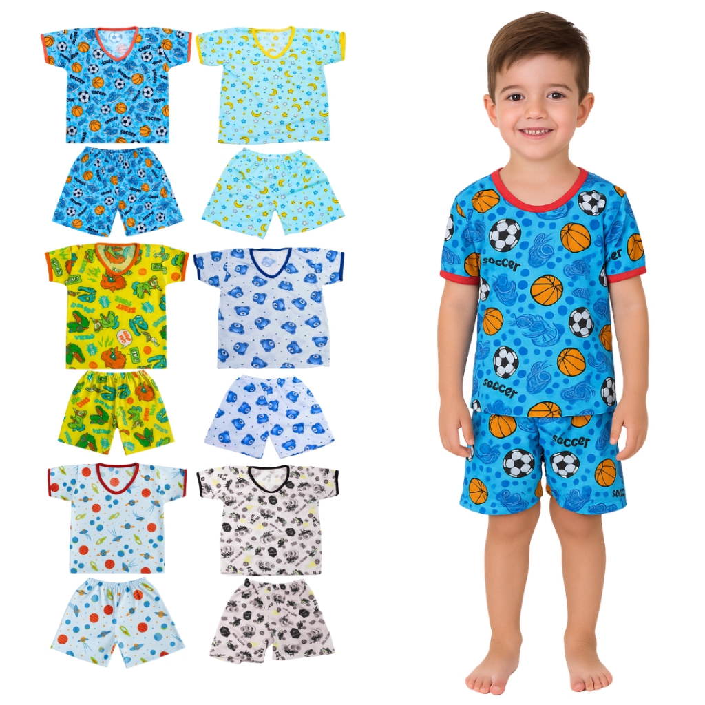 Kit 10 Peças Pijama Infantil Masculino Sendo 5 Camisetas + 5 Bermudas 2 ao 8 Anos em Oferta na Shopee