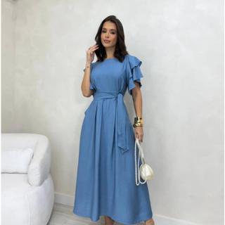 vestido longo manga bufante princesa midi babado com cinto moda elegante evangelica casamento festa em Oferta na Shopee