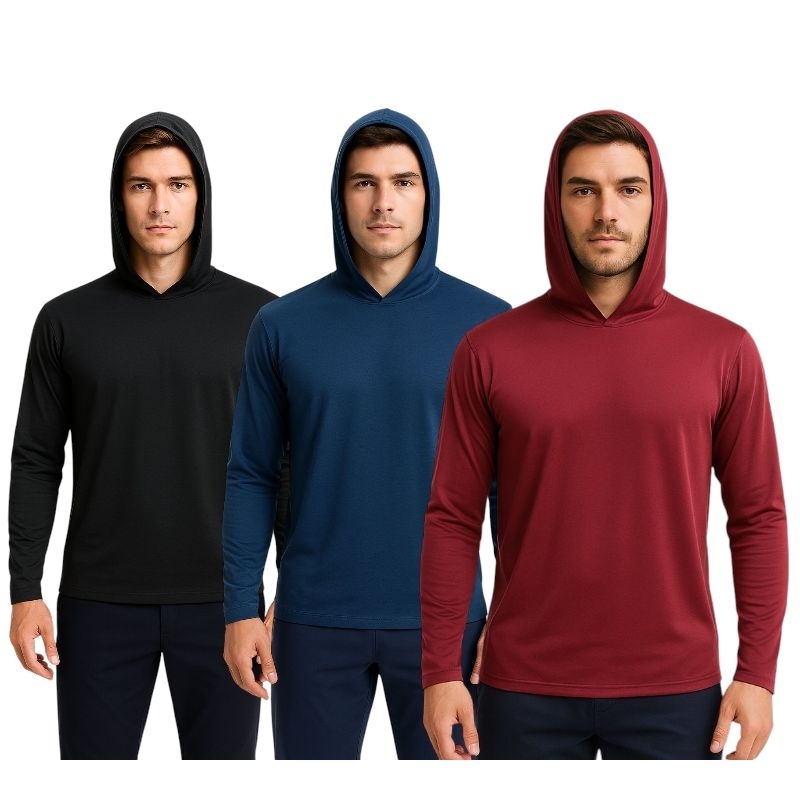 Kit 3 Camisas Masculinas Manga Longa Malha Fria Lisa com Capuz Conforto e Estilo / REF:2022 em Oferta na Shopee