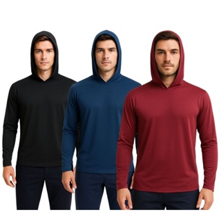 Kit 3 Camisas Masculinas Manga Longa Malha Fria Lisa com Capuz Conforto e Estilo / REF:2022 em Oferta na Shopee