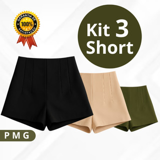 Kit 3 Short Alfaiataria Cintura Alta Feminino Com Zíper Lateral