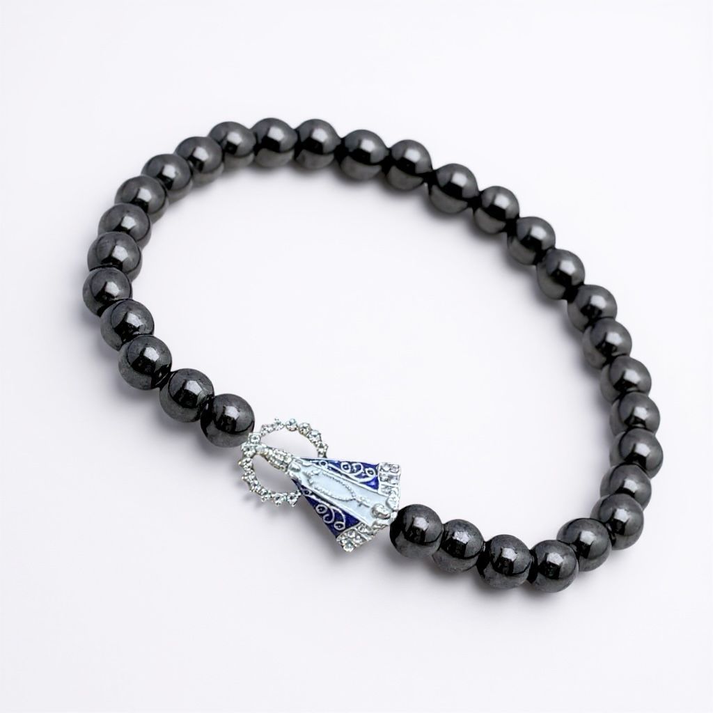 Pulseira Hematita Esferas 6mm Nossa Senhora Aparecida Cor Ch