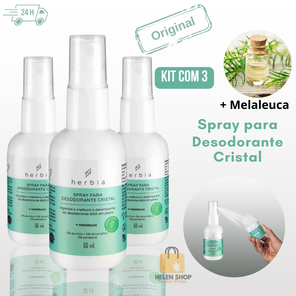 Kit 3 Spray para Desodorante Cristal Melaleuca 60ml Herbia Natural Vegano Kristal Stick Pedra