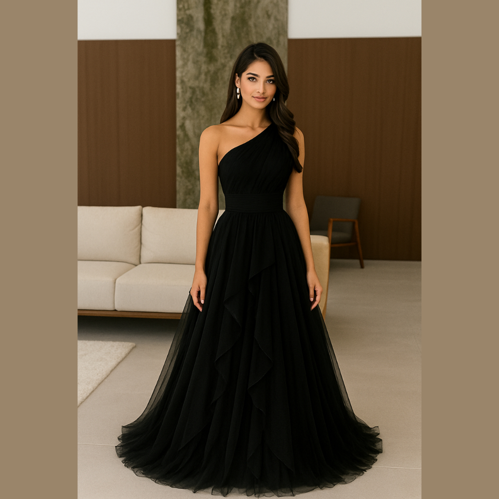 Vestido longo Madrinha godê em cascata um ombro só - vestido festa madrinha eventos preto
