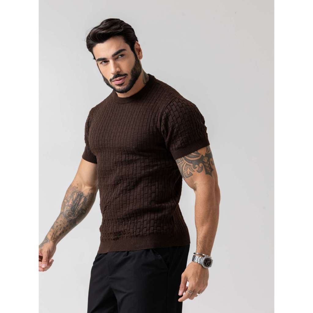 camiseta masculina de tricot com manga curta gola redonda padrão verão chique em Oferta na Shopee