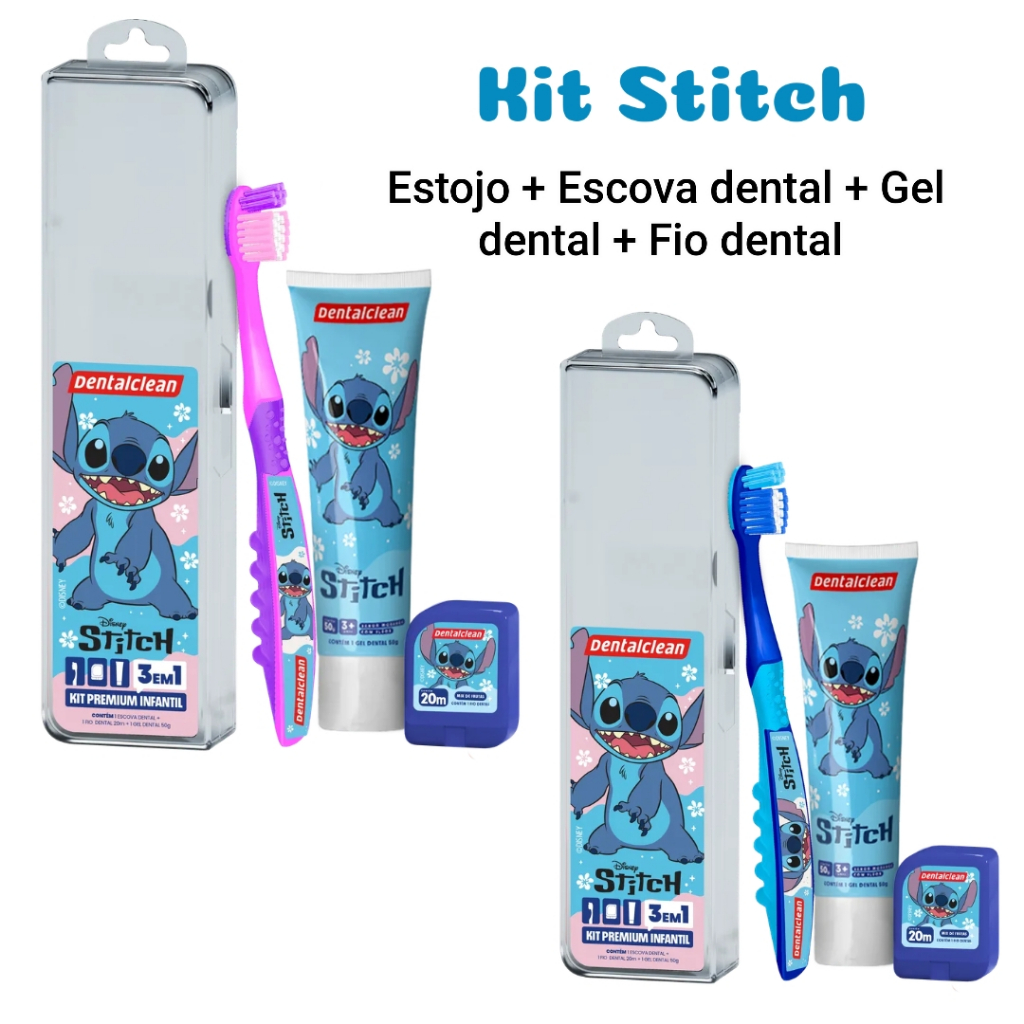 Kit Stitch Infantil Premium 3 em 1 Escova de dente + Gel dental + Fio dental em Oferta na Shopee