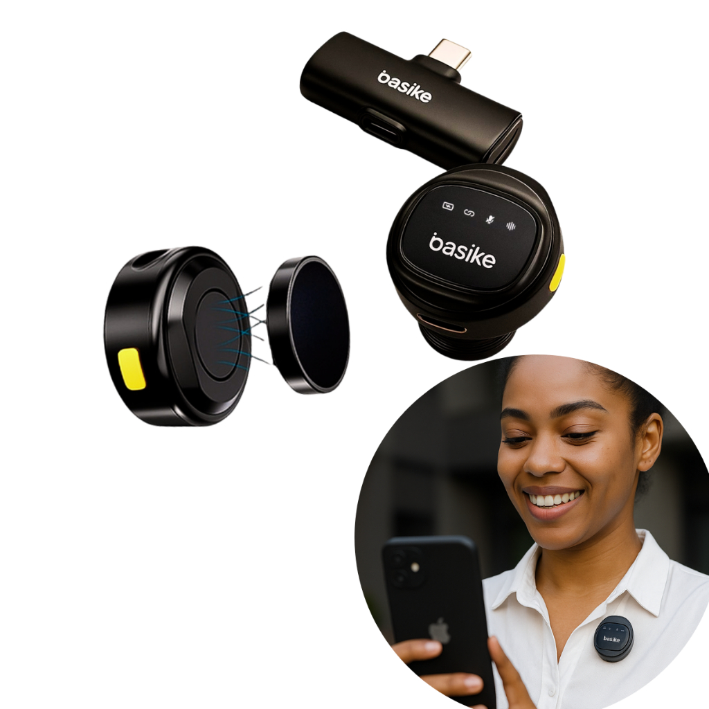 Microfone De Lapela Redondo SemFio Duplo Preto Com Clipe Magnético Tipo C