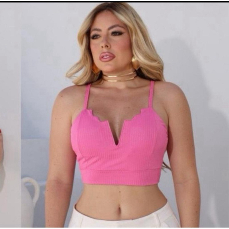 Cropped Feminino Alcinha Canelado Decote V Blusa Alça Top Com Bojo Blusinha Sensual Croped Camiseta