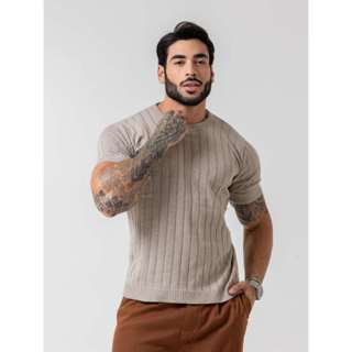 camiseta masculina de tricot com manga curta gola redonda padrão verão chique em Oferta na Shopee