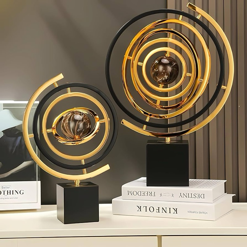 Escultura de globo de metal abstrata moderna giratória de 360 graus com suporte retangular - decoração