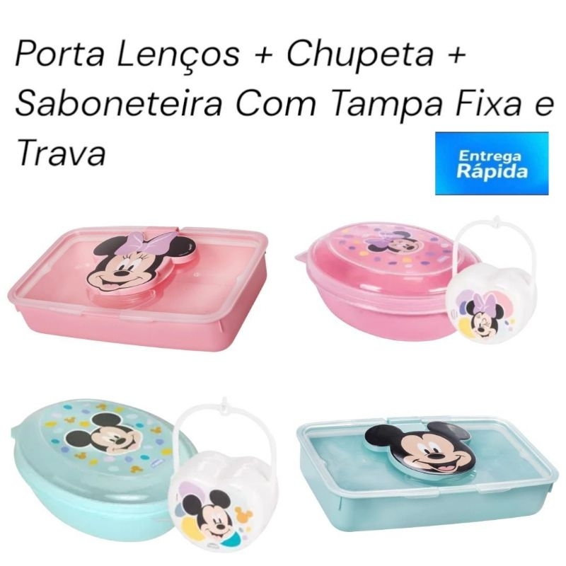 kit Porta lenços Minnie e Mickey, Porta Chupeta e Saboneteira Mickey e Minnie
