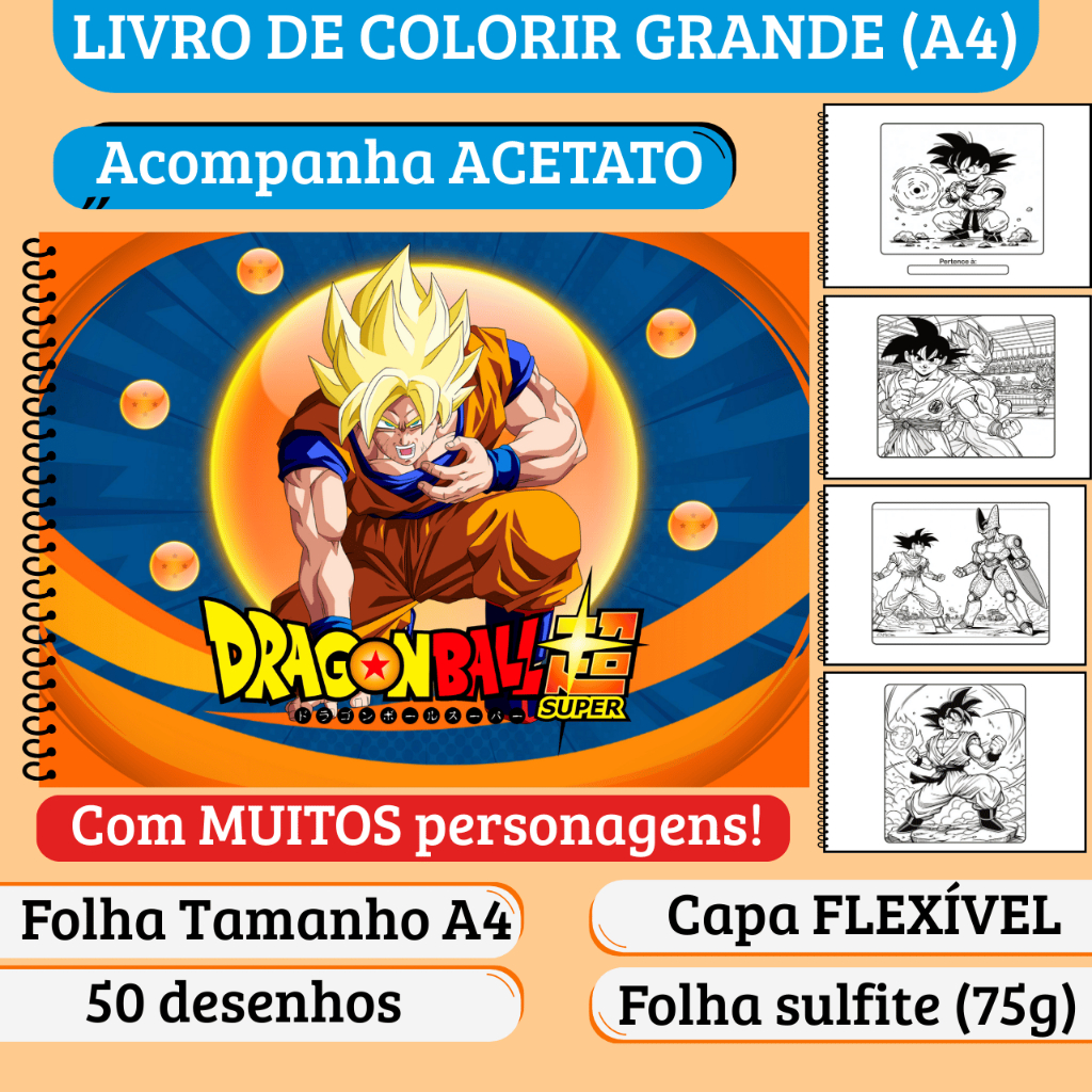 Caderno de Colorir Dragon Ball - Grande A4, Capa Flexível, Acetato, 50 desenhos (Anime, Goku, Livro de Colorir infantil)