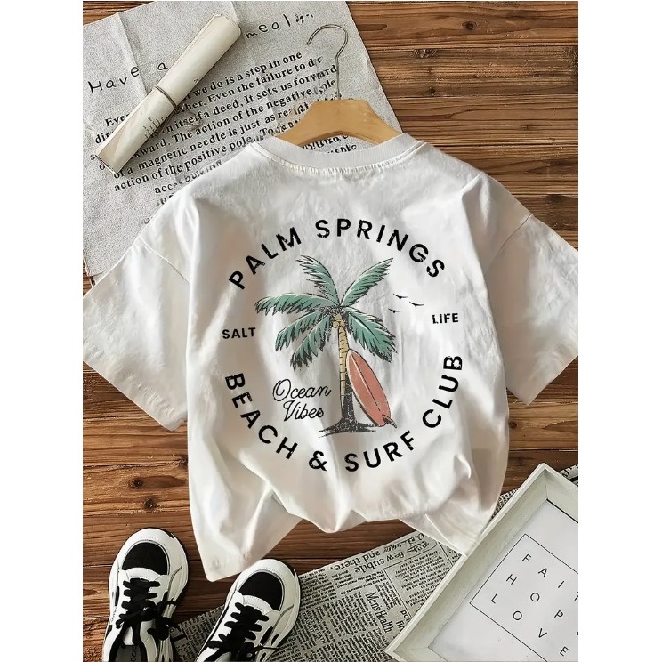 Camiseta Casual Feminina de Manga Curta com Gola Redonda Estampa Palm Springs Beach Club Palmeiras