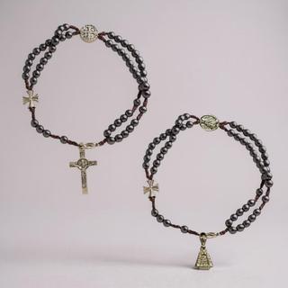 Pulseira Feminina Masculina Terço Em Hematita Pingente De São Bento
