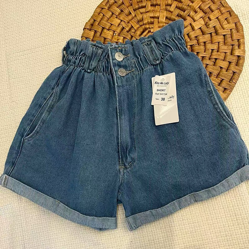 Novos shorts jeans de verão com elástico, 2 botões e cintura alta com bainha desfiada8415,8416 em Oferta na Shopee