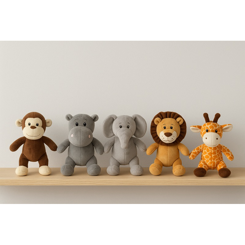 Kit Animais de Pelúcia Safari 5 Animais DecoraçãoFestaInfantil Menino Menina Bebê Macaco Leão Elefante Girafa Hipopótamo